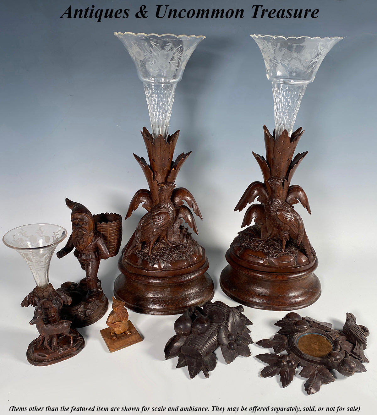 Large 15.5" Pair Antique Swiss Black Forest Carved Epergne Stands, Pheasants and Bohemian Glass