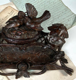 Antique 19th Century Swiss Black Forest Hand Carved Double Inkwell, 11.5" Desk Stand and Stamp Box