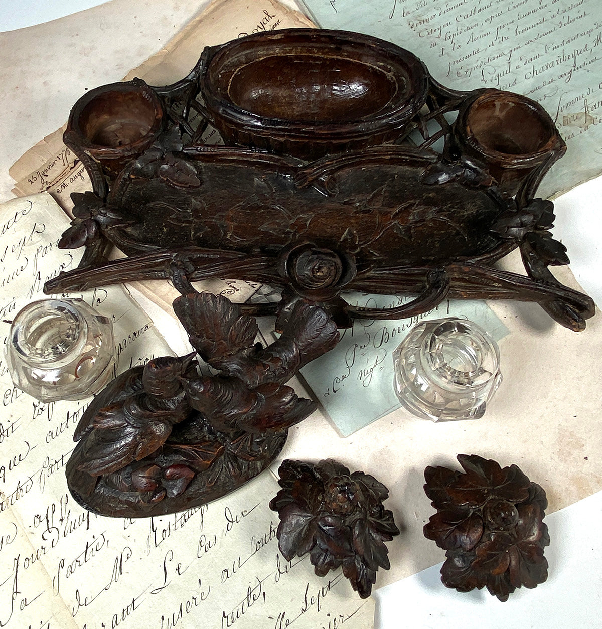 Antique 19th Century Swiss Black Forest Hand Carved Double Inkwell, 11.5" Desk Stand and Stamp Box