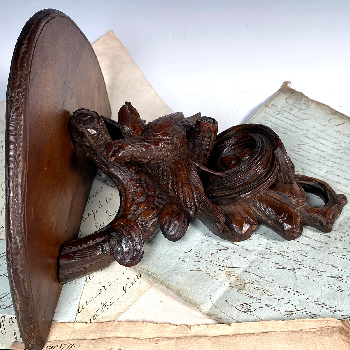 Charming Antique Swiss Black Forest 12" Bracket or Wall Shelf, Two Birds and a Nest of Eggs