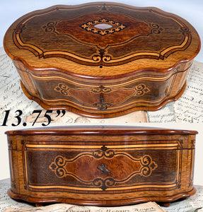 Huge 13.75" Antique French Marquetry Jewelry Chest, Box, Coffret Napoleon III Era c.1850-70s