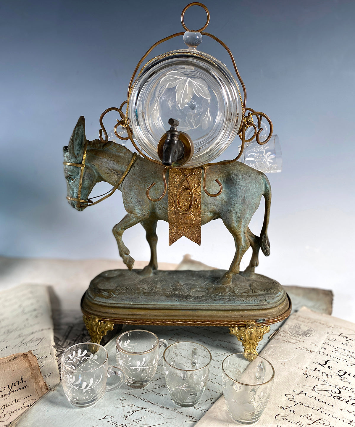 Antique French Napoleon III Liqueur Stand, Caddy or Tantalus, Barrel & Cups: Donkey or Mule Figural, Sculptor: E. DELABRIERRE
