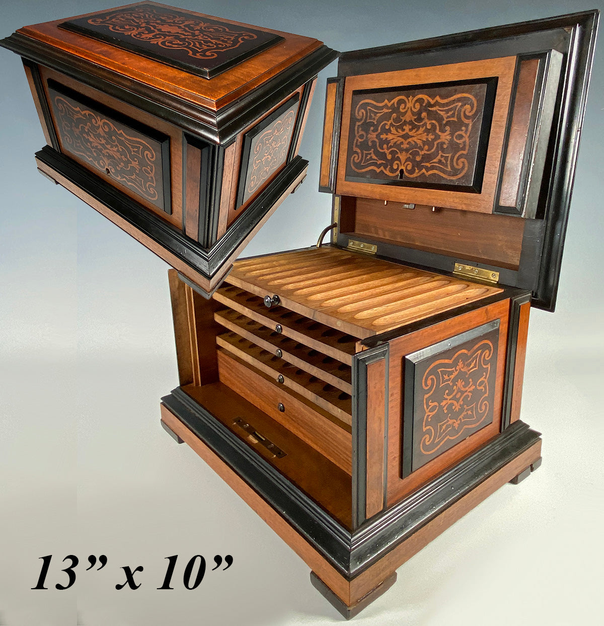 Stunning Large Antique French Cigar Caddy, Cabinet, Box 13" x 10" Marquetry Chest Holds 48 Cigars