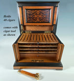 Stunning Large Antique French Cigar Caddy, Cabinet, Box 13" x 10" Marquetry Chest Holds 48 Cigars