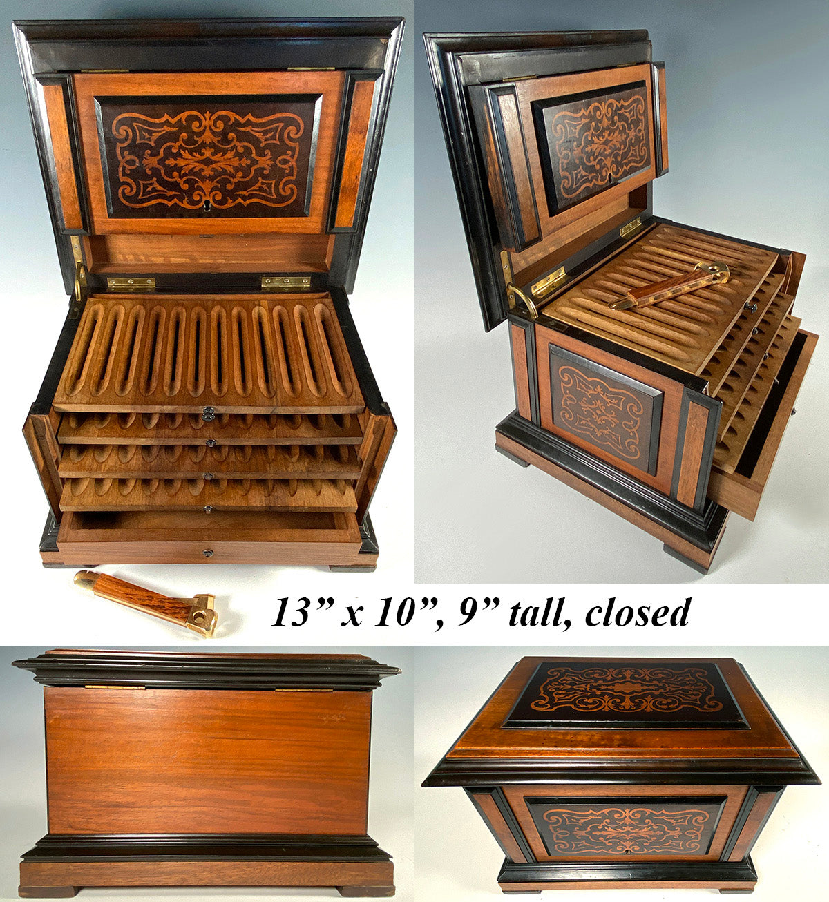 Stunning Large Antique French Cigar Caddy, Cabinet, Box 13" x 10" Marquetry Chest Holds 48 Cigars