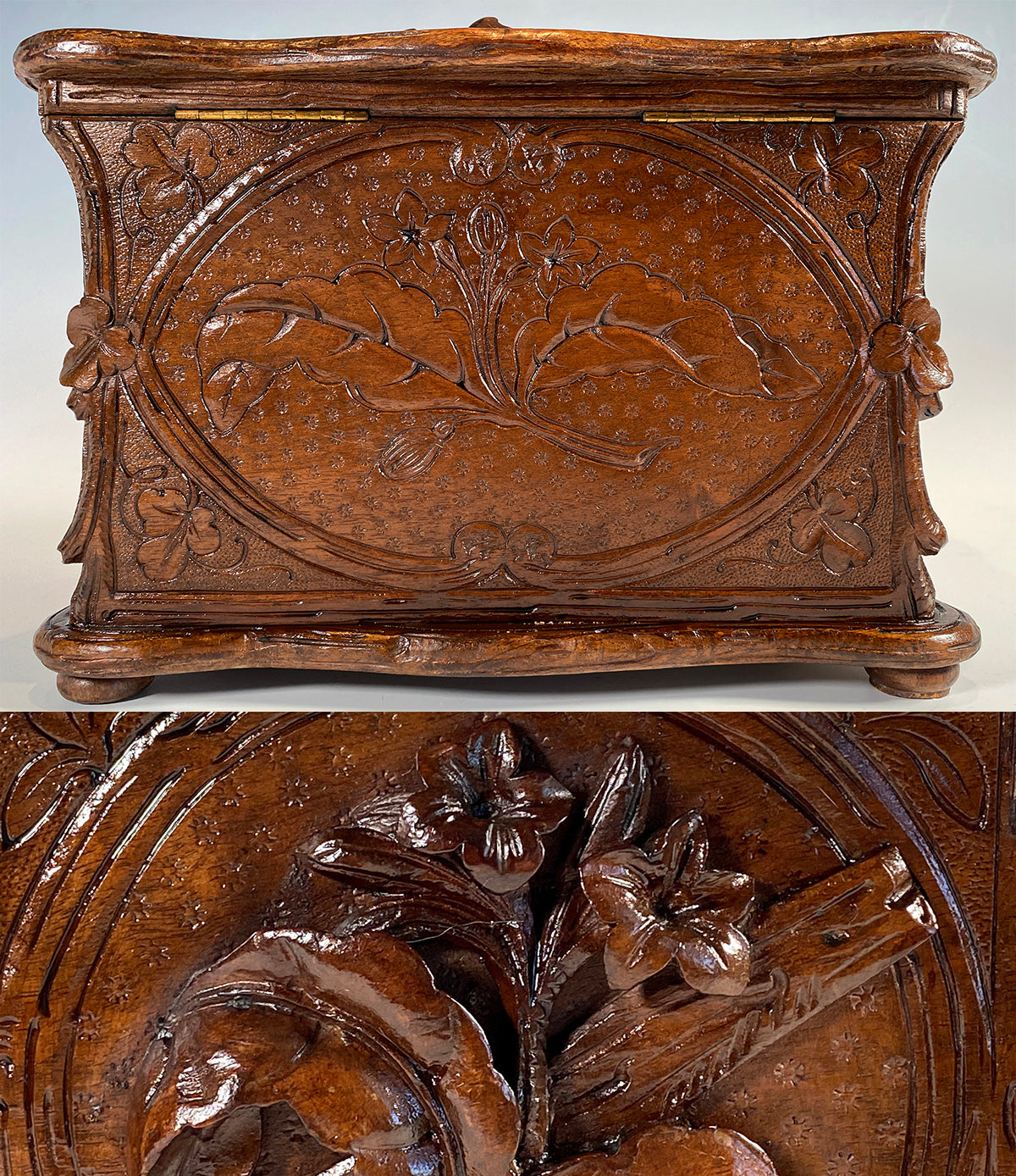 Antique Hand Carved 11.5" Swiss Black Forest Cigar Cabinet, Chest, Box Holds 55 Cigars