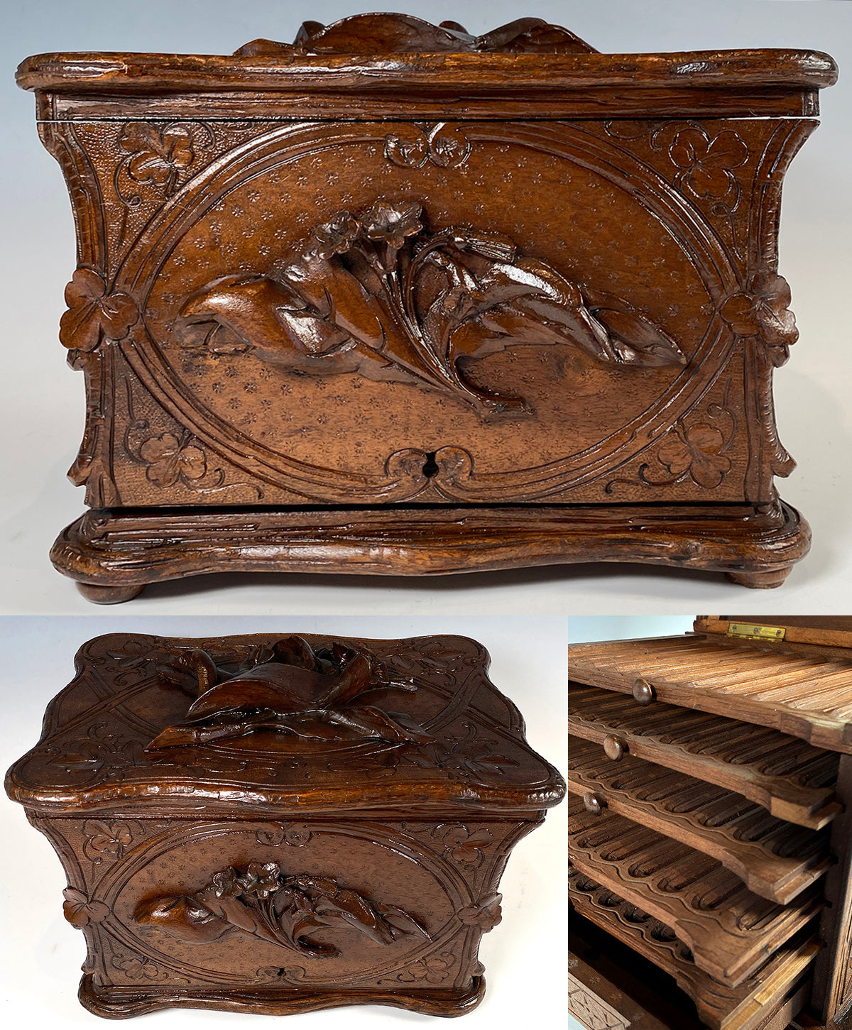 Antique Hand Carved 11.5" Swiss Black Forest Cigar Cabinet, Chest, Box Holds 55 Cigars