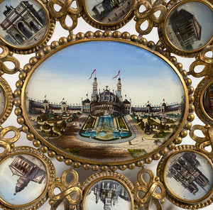 Large 9" Antique French Paris Expo 1900 Souvenir Tray, 9 Eglomise Architecutural Views