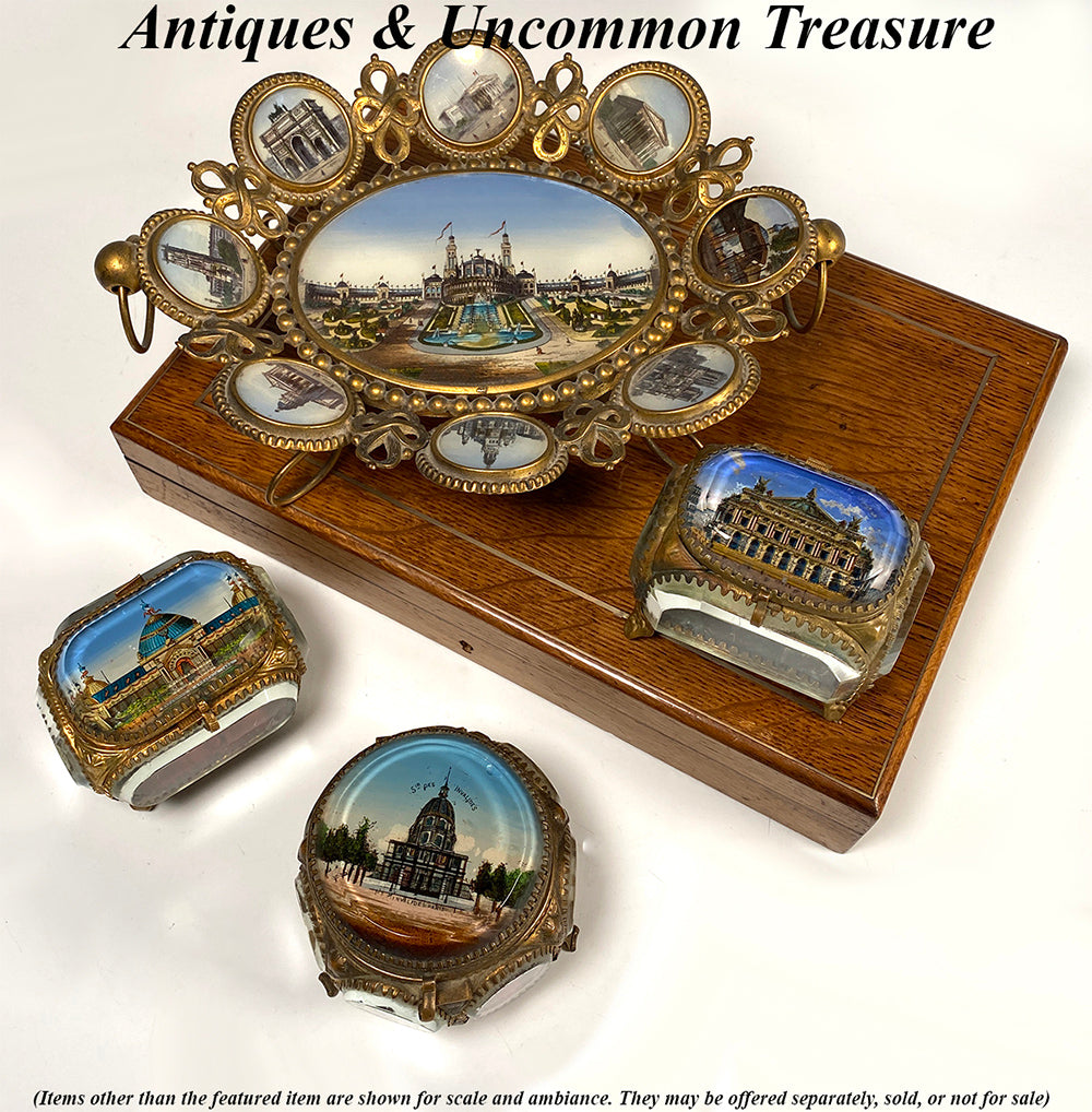 Large 9" Antique French Paris Expo 1900 Souvenir Tray, 9 Eglomise Architecutural Views
