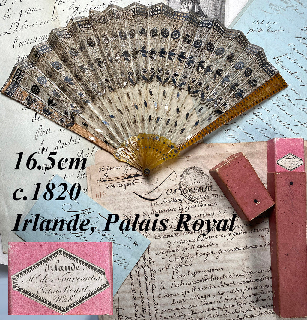 Fine Antique c.1820s French Irlande, Palais Royal Hand Fan, 16.5 cm Eventail, Horn and Tulle Embroidery and Sequins