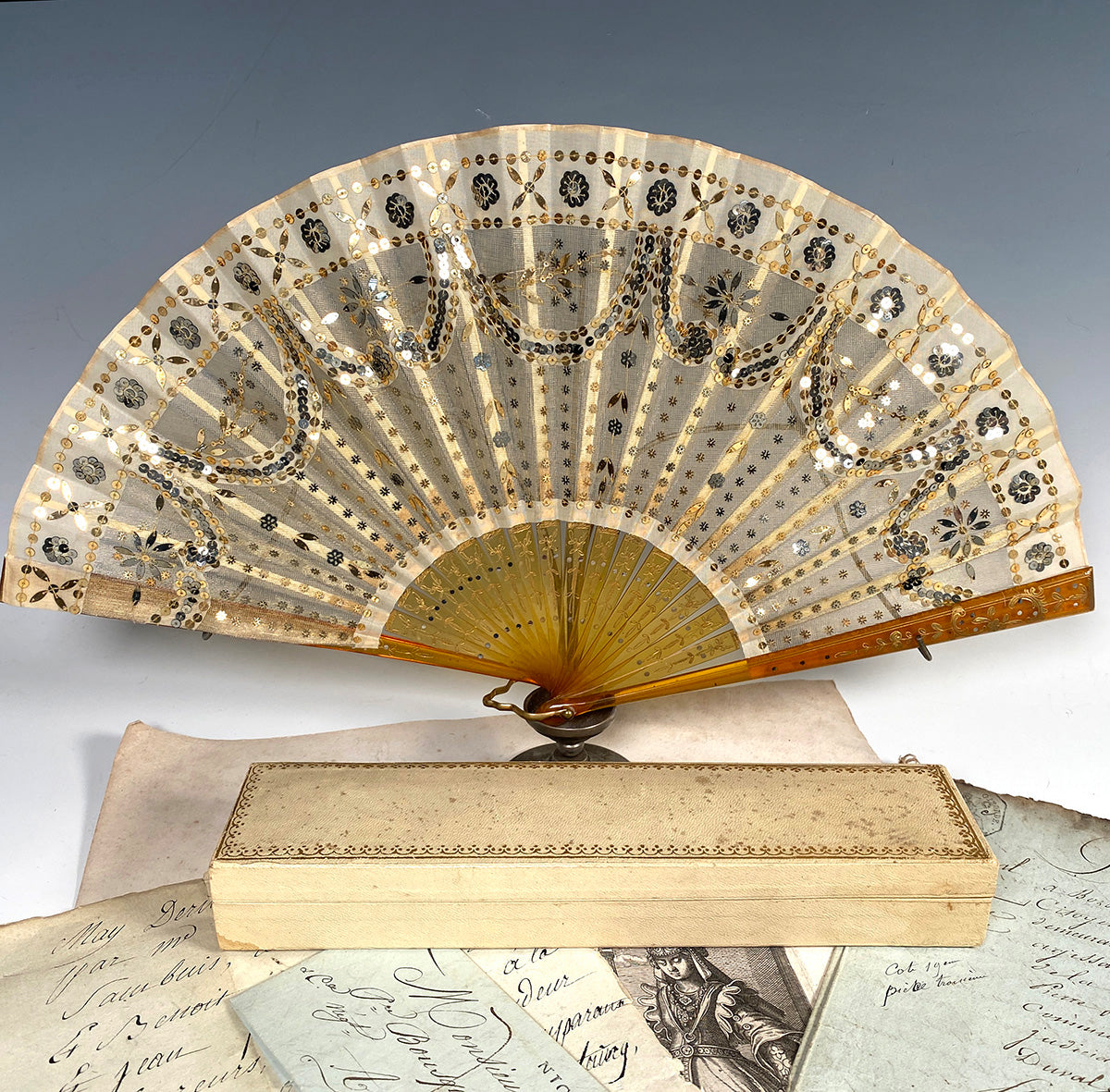 Fine Antique c.1900 French Hand Fan, Tulle Embroidered with Sequins, Blond Horn, in Original Box - Gallard