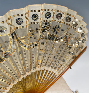 Fine Antique c.1900 French Hand Fan, Tulle Embroidered with Sequins, Blond Horn, in Original Box - Gallard