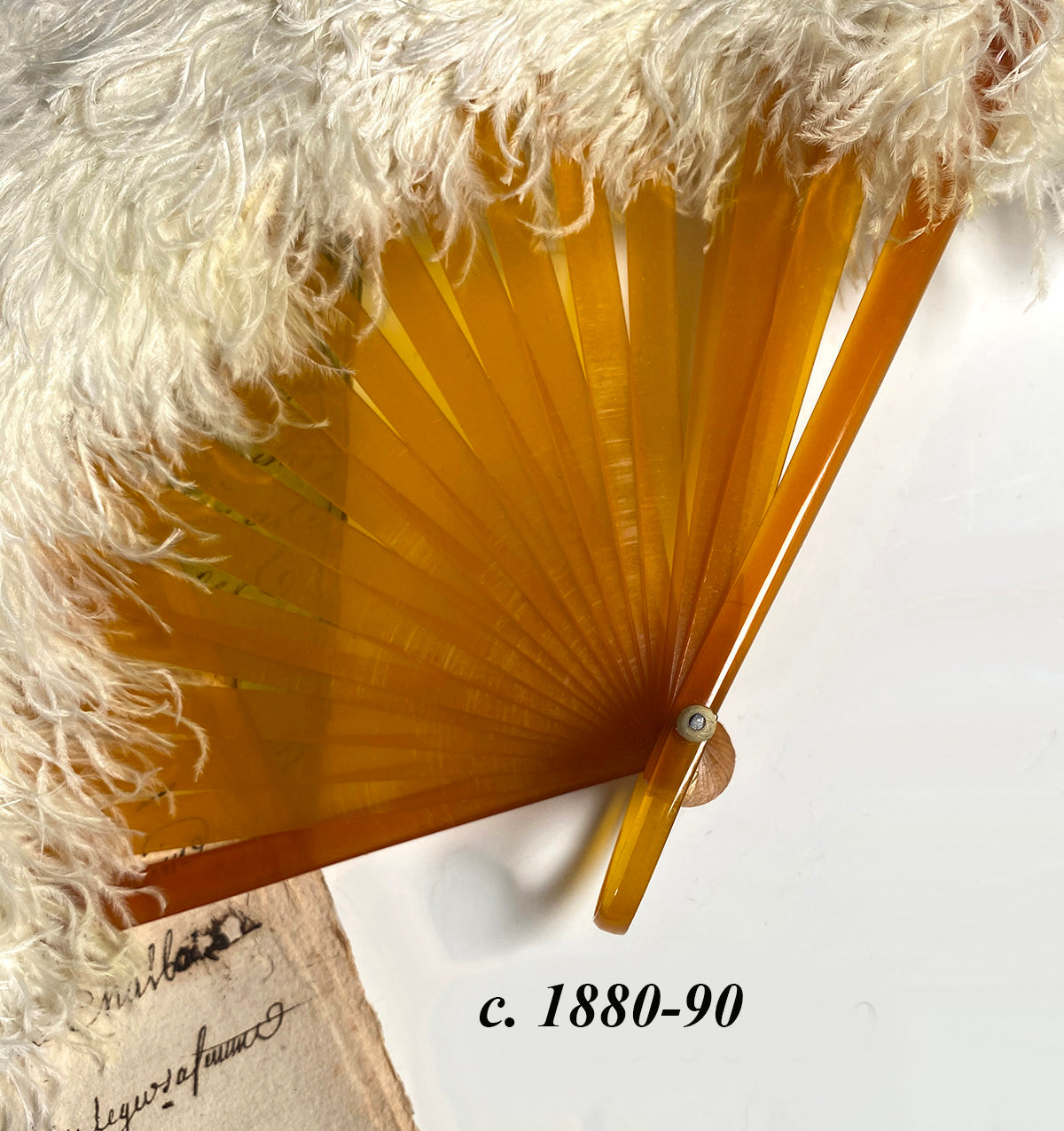 Antique French Folding Fan White Ostrich Feather and Blond Horn Hand Fan, 18 cm Guard