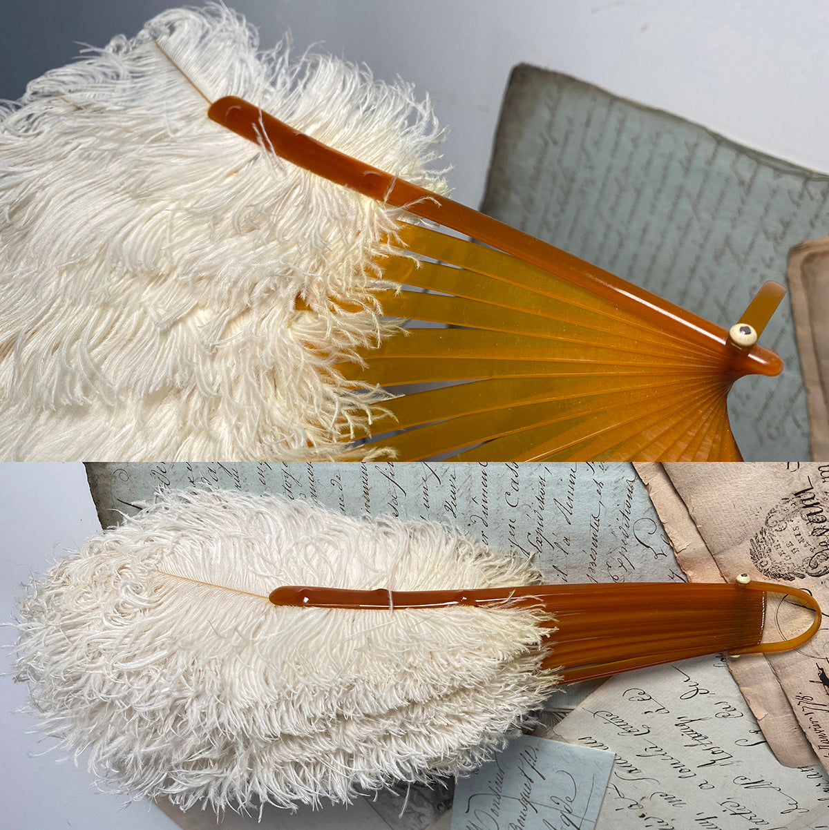 Antique French Folding Fan White Ostrich Feather and Blond Horn Hand Fan, 18 cm Guard