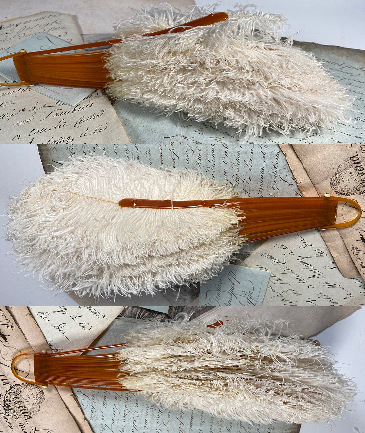 Antique French Folding Fan White Ostrich Feather and Blond Horn Hand Fan, 18 cm Guard