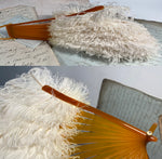 Antique French Folding Fan White Ostrich Feather and Blond Horn Hand Fan, 18 cm Guard