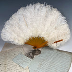 Antique French Folding Fan White Ostrich Feather and Blond Horn Hand Fan, 18 cm Guard