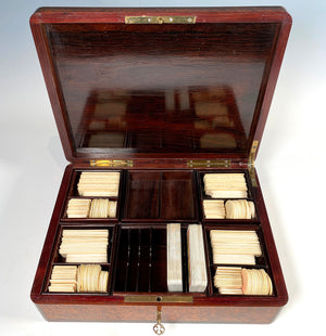 Spectacular Antique French Marquetry Gaming or Gambling & Cards Box, Chest, Ivory Chips