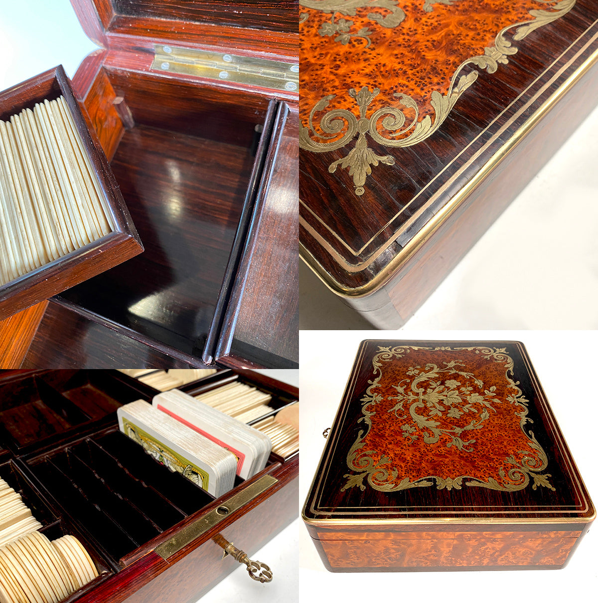 Spectacular Antique French Marquetry Gaming or Gambling & Cards Box, Chest, Ivory Chips