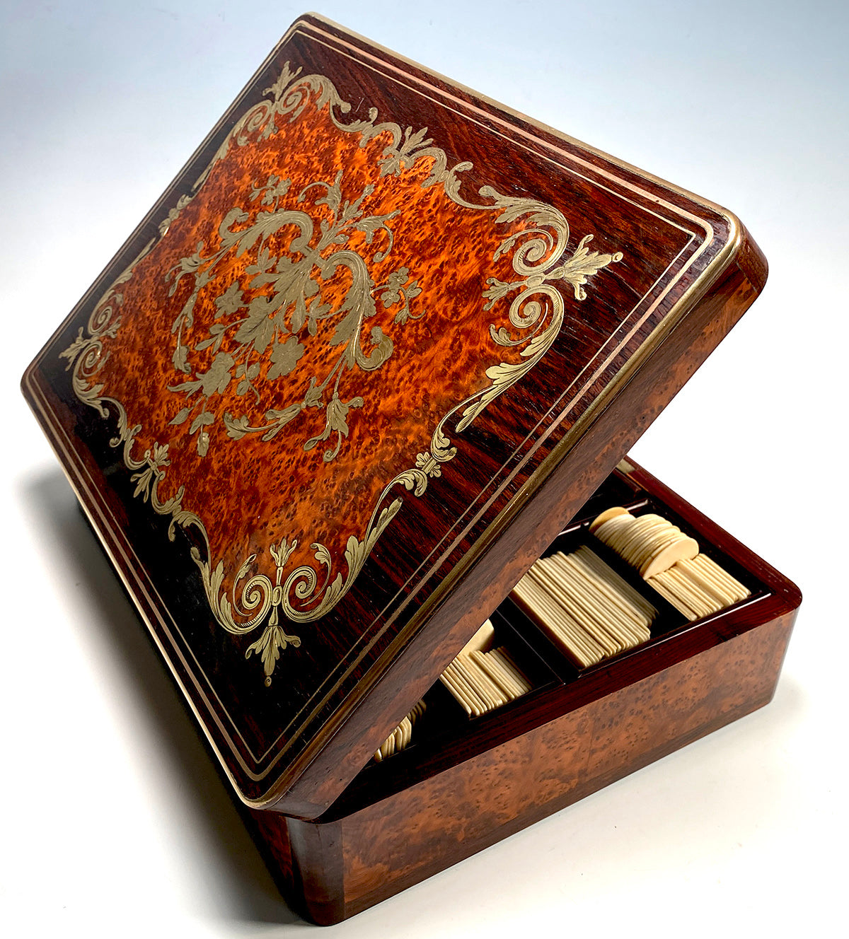 Spectacular Antique French Marquetry Gaming or Gambling & Cards Box, Chest, Ivory Chips