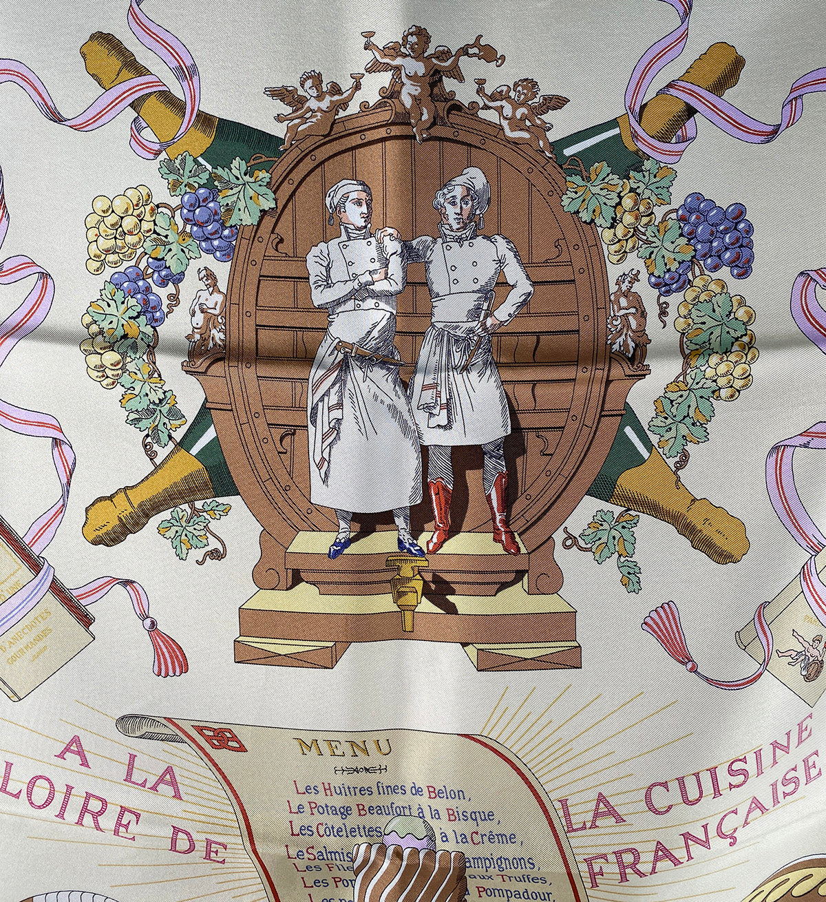 "A La Loire La Cuisine Française" Hermés 70 cm silk scarf in box, the artist's work c. 1948 by Robert Dumas