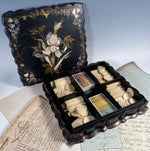 RARE Antique French Papier Mache Card Gaming Box, Ivory Gambling Chips, Mother of Pearl