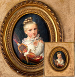 Charming Antique French Oil Painting Portrait Miniature of a Child with Puppet Toy, in Frame