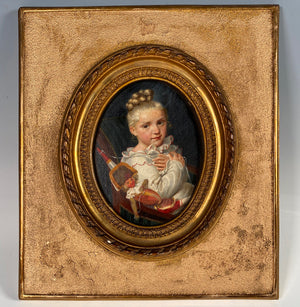 Charming Antique French Oil Painting Portrait Miniature of a Child with Puppet Toy, in Frame