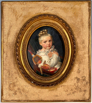 Charming Antique French Oil Painting Portrait Miniature of a Child with Puppet Toy, in Frame