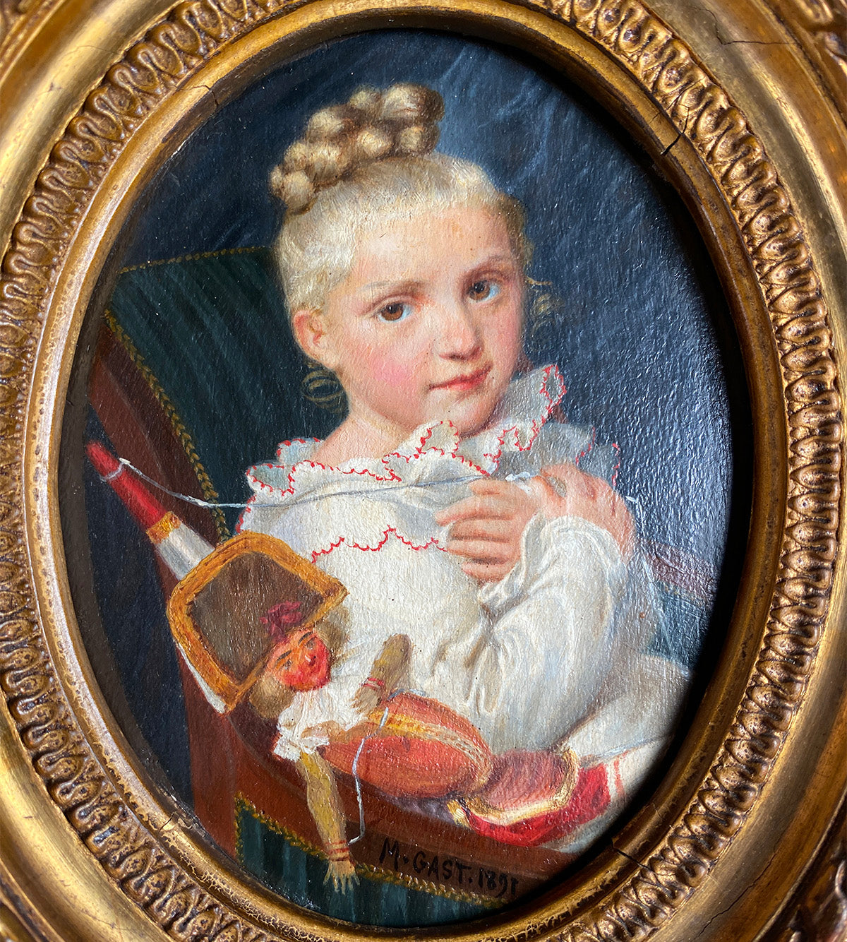 Charming Antique French Oil Painting Portrait Miniature of a Child with Puppet Toy, in Frame