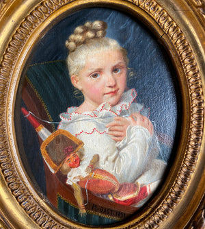 Charming Antique French Oil Painting Portrait Miniature of a Child with Puppet Toy, in Frame