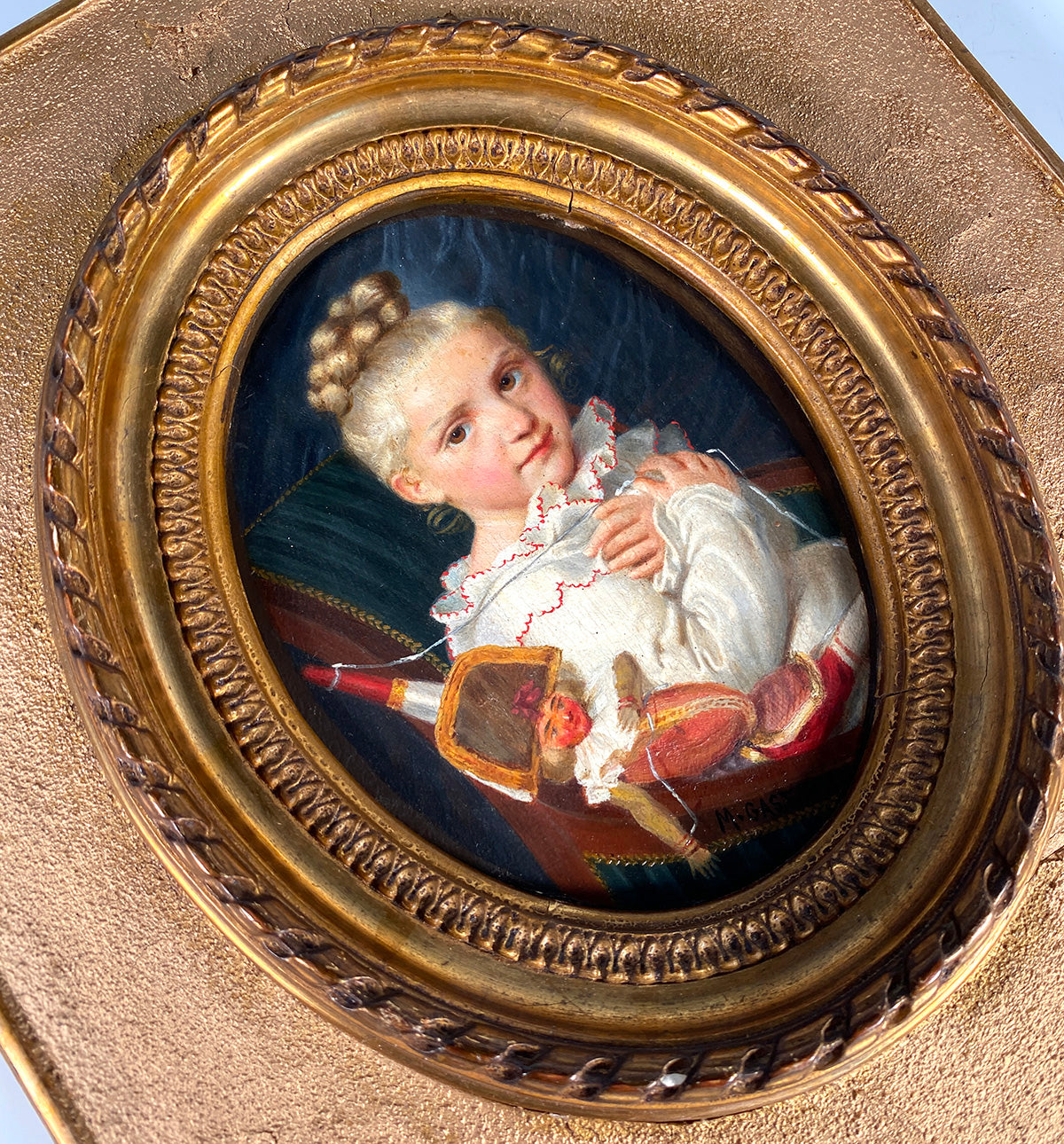 Charming Antique French Oil Painting Portrait Miniature of a Child with Puppet Toy, in Frame