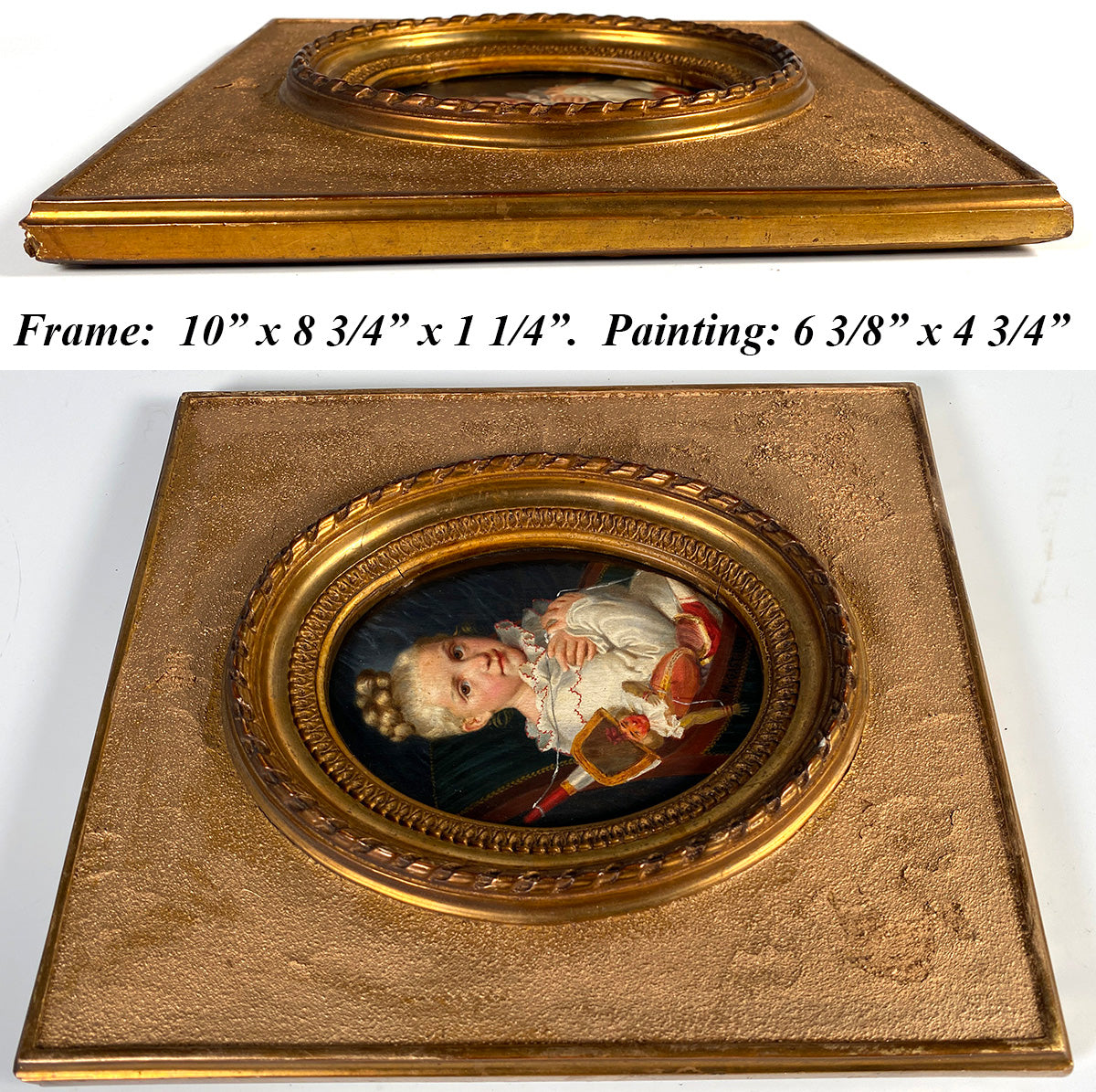 Charming Antique French Oil Painting Portrait Miniature of a Child with Puppet Toy, in Frame