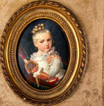 Charming Antique French Oil Painting Portrait Miniature of a Child with Puppet Toy, in Frame