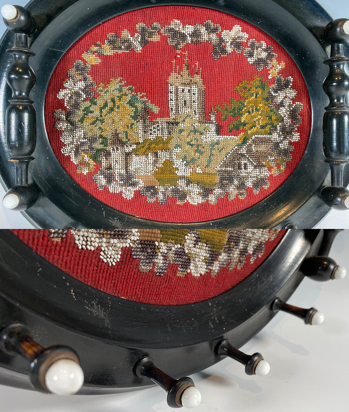 Antique Victorian Glass Beadwork and Needlepoint Castle in 15 3/4" Coat Rack Frame, c.1850s