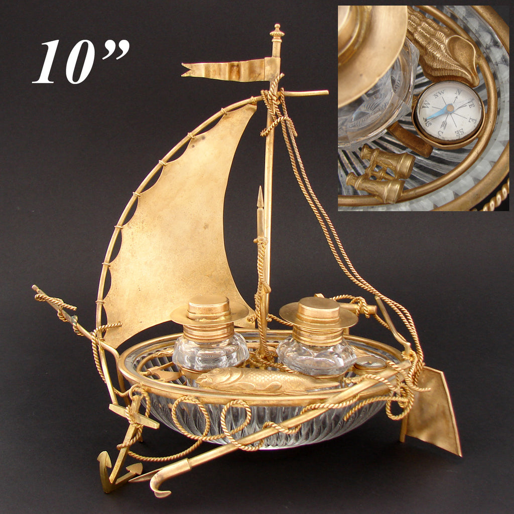 Antique French 10 1/4” Tall Gilt Ormolu & Baccarat Glass Sail Boat Double Inkwell, Anchor, Compass, Pocket Watch Holder & Figures