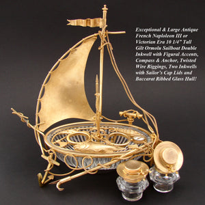 Antique French 10 1/4” Tall Gilt Ormolu & Baccarat Glass Sail Boat Double Inkwell, Anchor, Compass, Pocket Watch Holder & Figures