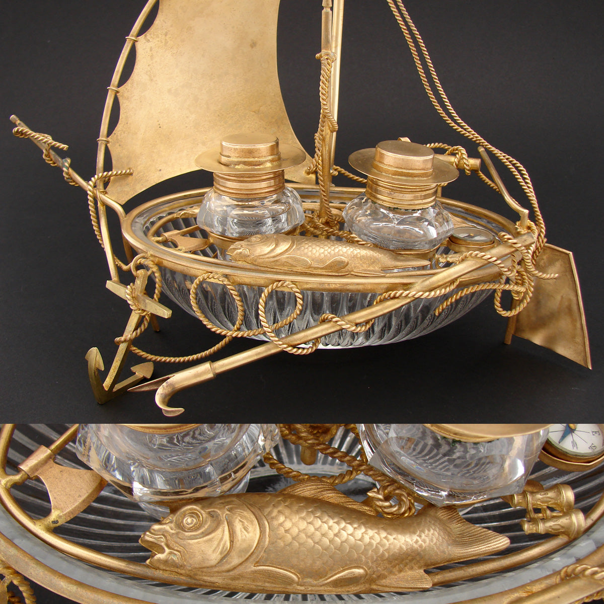 Antique French 10 1/4” Tall Gilt Ormolu & Baccarat Glass Sail Boat Double Inkwell, Anchor, Compass, Pocket Watch Holder & Figures