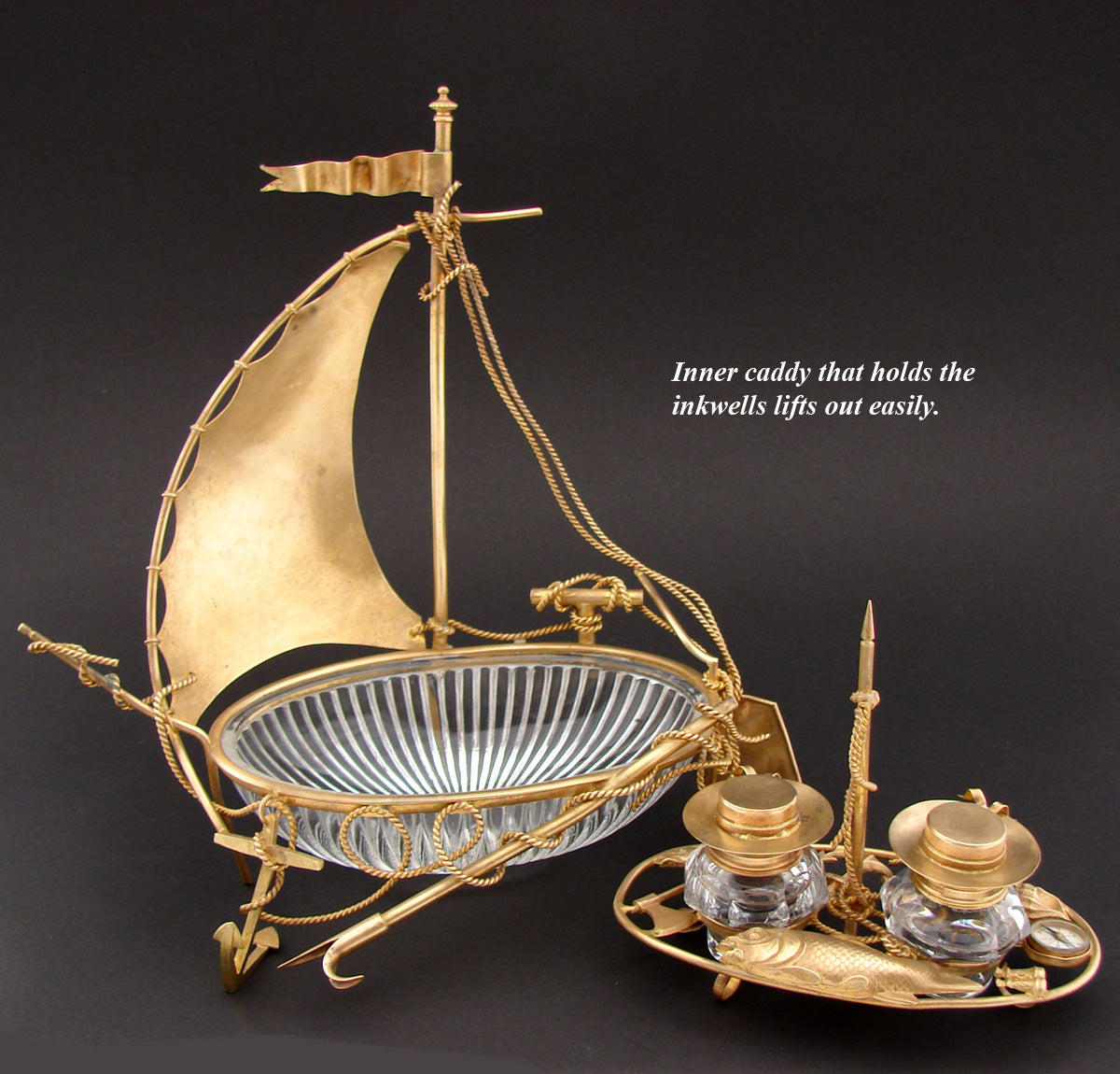 Antique French 10 1/4” Tall Gilt Ormolu & Baccarat Glass Sail Boat Double Inkwell, Anchor, Compass, Pocket Watch Holder & Figures