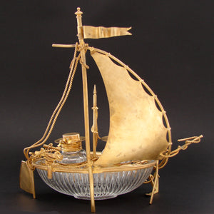 Antique French 10 1/4” Tall Gilt Ormolu & Baccarat Glass Sail Boat Double Inkwell, Anchor, Compass, Pocket Watch Holder & Figures