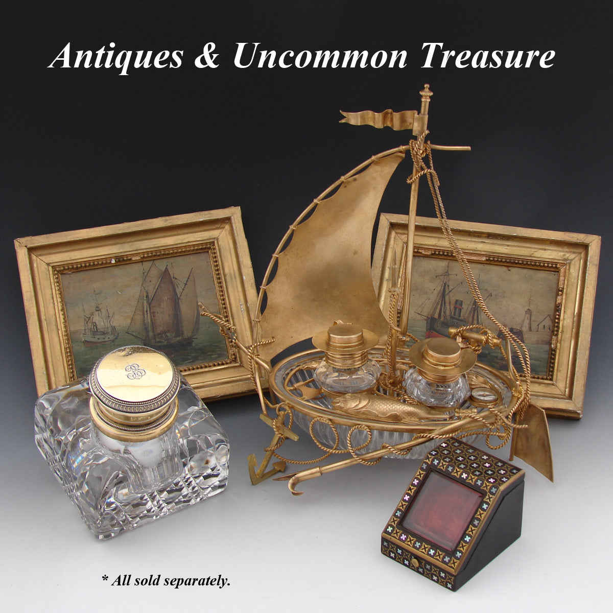 Antique French 10 1/4” Tall Gilt Ormolu & Baccarat Glass Sail Boat Double Inkwell, Anchor, Compass, Pocket Watch Holder & Figures