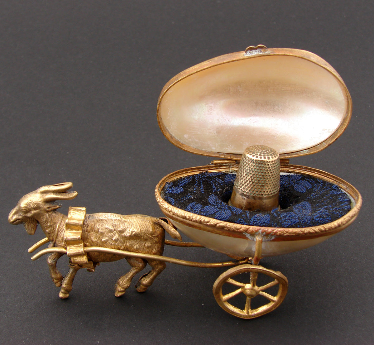 Antique French Mother of Pearl “Egg” Goat Pulled Carriage, Palais Royal Thimble Casket