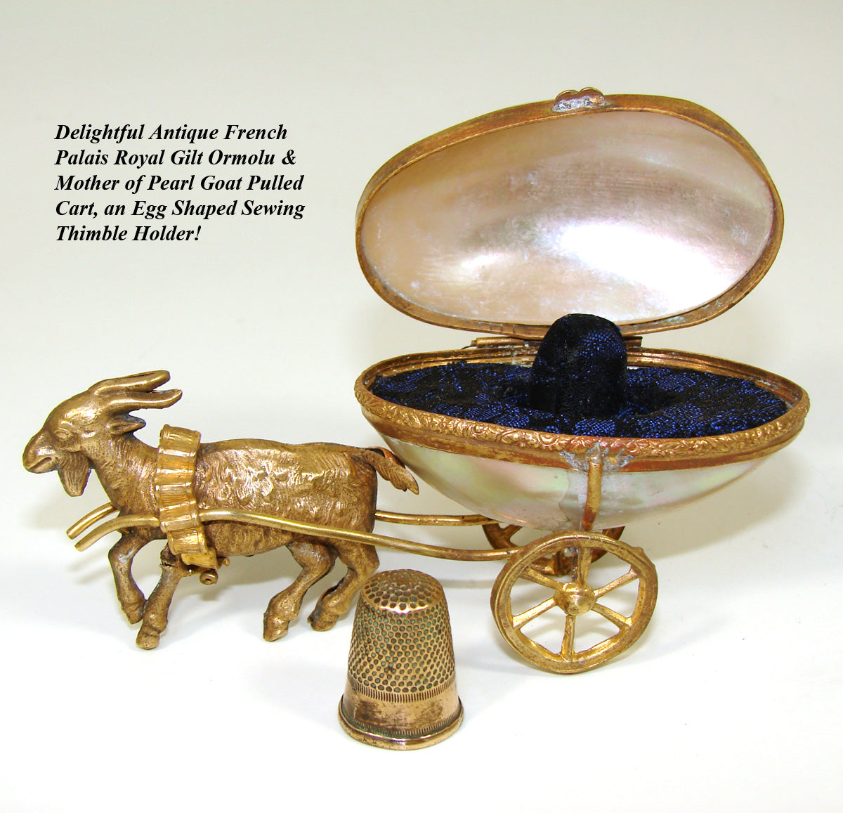 Antique French Mother of Pearl “Egg” Goat Pulled Carriage, Palais Royal Thimble Casket