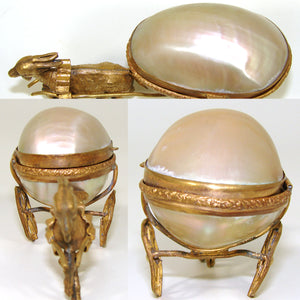 Antique French Mother of Pearl “Egg” Goat Pulled Carriage, Palais Royal Thimble Casket