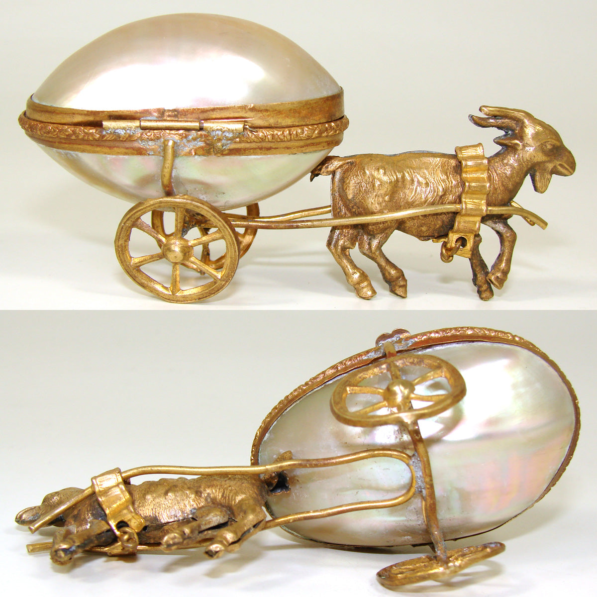 Antique French Mother of Pearl “Egg” Goat Pulled Carriage, Palais Royal Thimble Casket