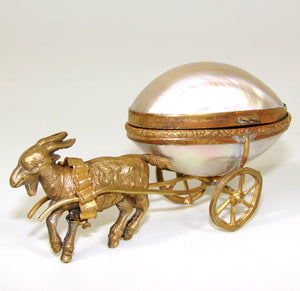 Antique French Mother of Pearl “Egg” Goat Pulled Carriage, Palais Royal Thimble Casket