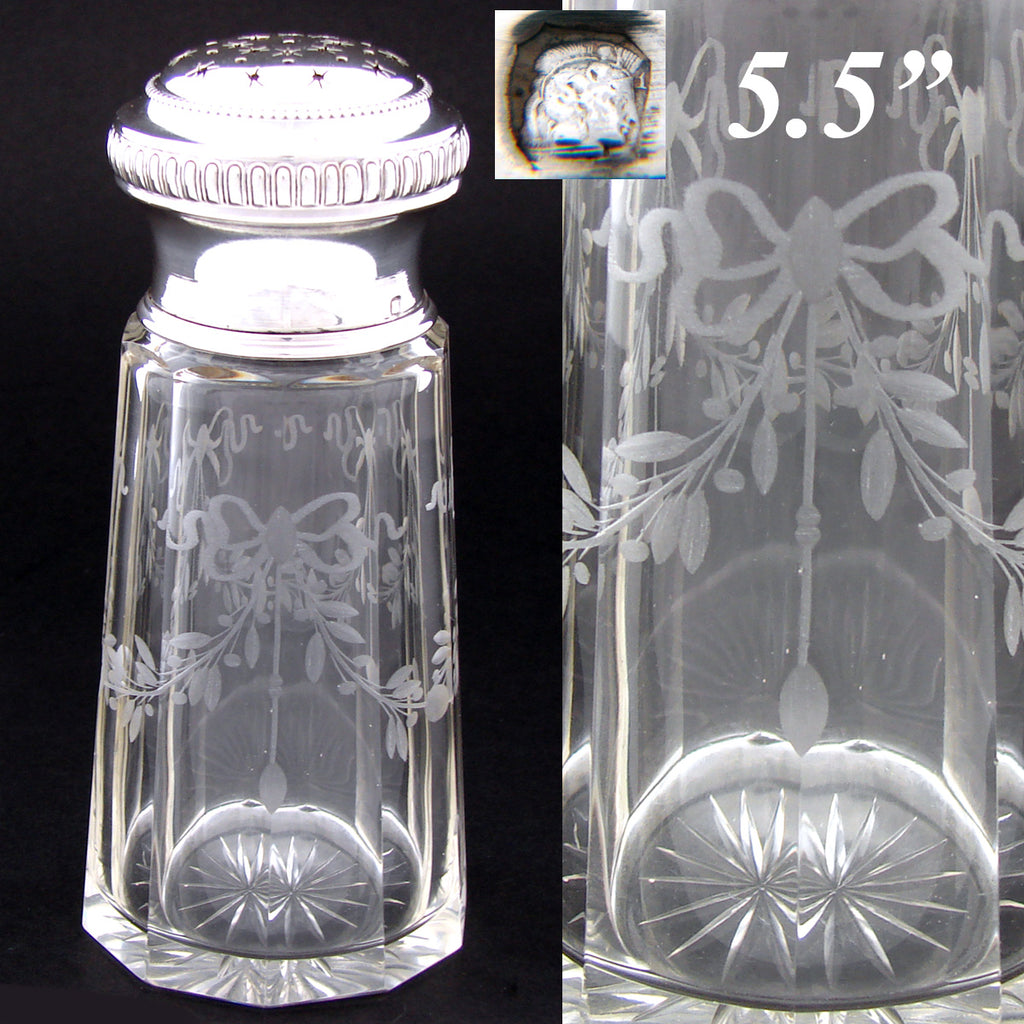 Elegant Antique French Sterling Silver & Intaglio Etched Glass 5.5” Sugar Shaker, Sifter