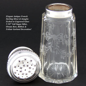 Elegant Antique French Sterling Silver & Intaglio Etched Glass 5.5” Sugar Shaker, Sifter