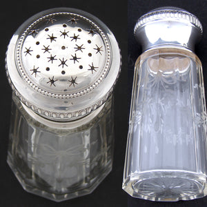 Elegant Antique French Sterling Silver & Intaglio Etched Glass 5.5” Sugar Shaker, Sifter