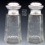 Elegant Antique French Sterling Silver & Intaglio Etched Glass 5.5” Sugar Shaker, Sifter